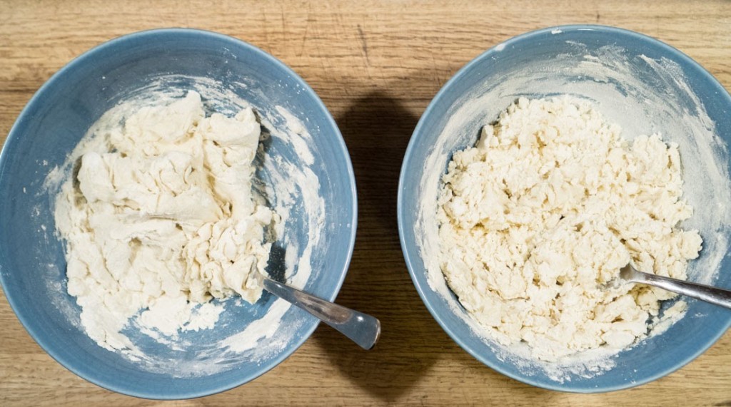 Testing wrapper recipes: room-temperature water dough on the left, hot water dough on the right. Note the different textures of the dough: the cold water dough has clumped together in larger chunks, while the hot water dough is not nearly as sticky.