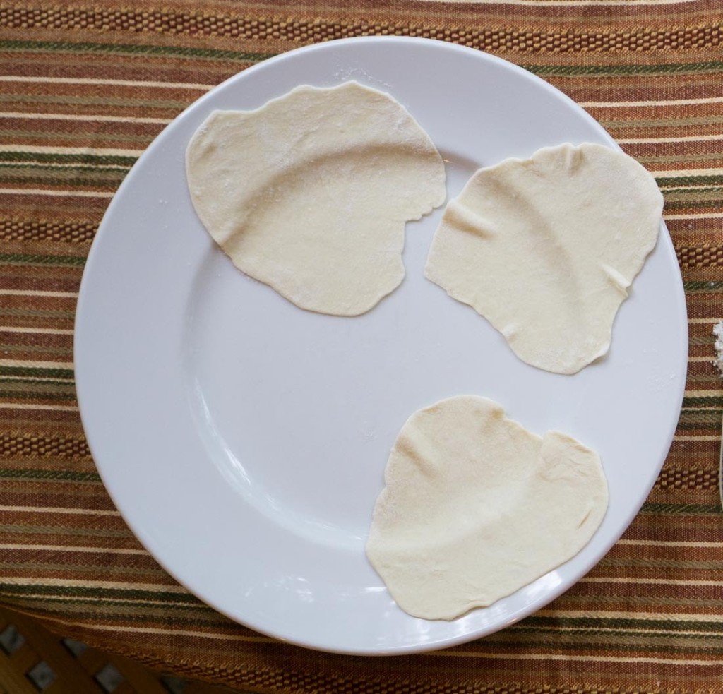 My early attempts at hot-water dough: they look like land masses rather than round dumpling wrappers.