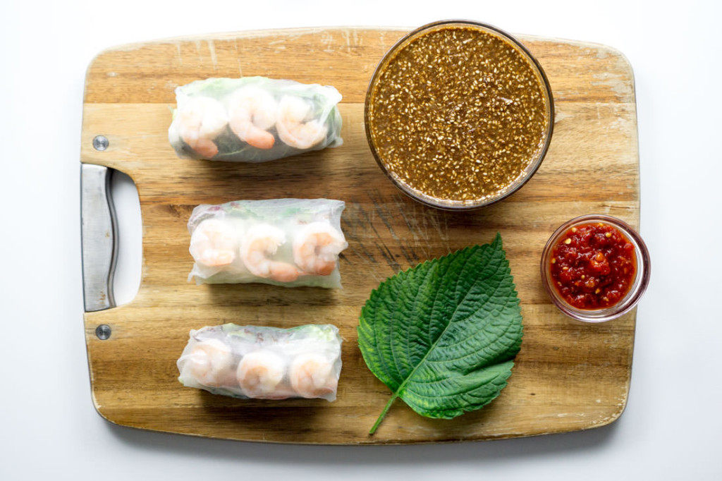 Shrimp Spring Rolls with Perilla Leaf and Sesame Goma Dare Sauce and Sambal Oelek