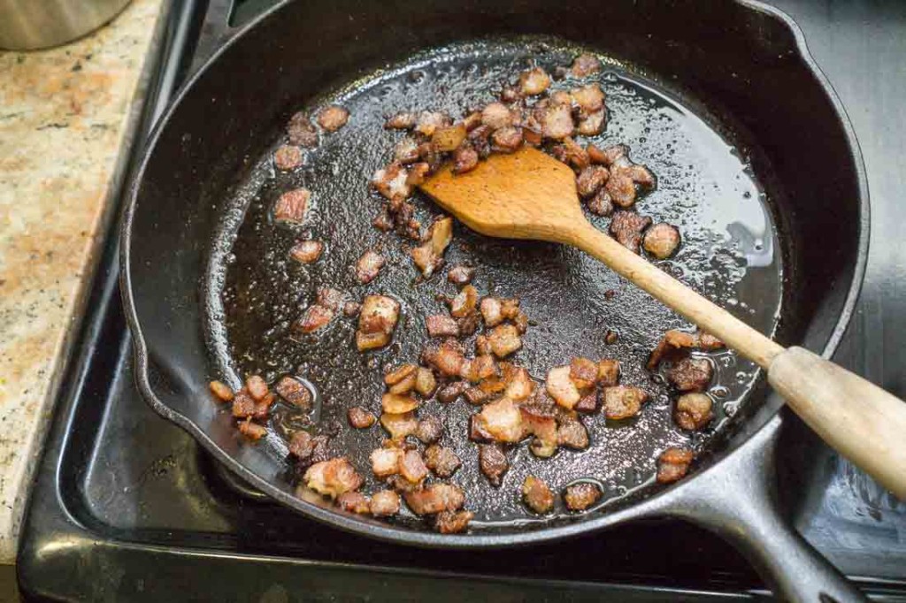 Sauté the bacon over low heat until crispy on all sides, but still ever-sp-slightly chewy. 